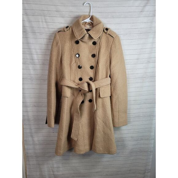 GUESS WOOL BLEND DOUBLE BREASTED CAMEL TAN PEA COAT, SZ SMALL - Picture 1 of 14